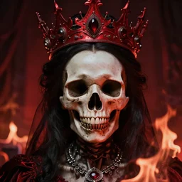 a queen with half skull with an red crown, hints of silver jewelry, gothic, eerie, intricate detail, dramatic lighting, fire, red, 8 k
