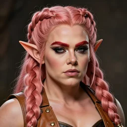 fantasy character portrait photo. female dwarf. short, broad, extremely ripped. broad face resembles cara delevingne but very squat. wide face, androgynous but pretty. elaborately braided orangepink hair. long sidebuns, downy cheeks. thick bushy groomed red eyebrows with multiple piercings. tan leather vest, bare bodybuilder shoulders. kohl, lipgloss
