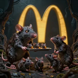 dystopian Lovecraftian ratty McDonalds advertisement showing a smiling rat family being served a tray of rats in the style of H.R. Giger