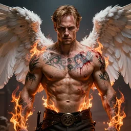 Sam Winchester as a muscular angel with religious tattoos on chest and neck, stained and bleeding, magic overlays, magic flames, romance book cover style, D&D illustration style, (octane render) fantasy style, sharp focus, ultra detailed, art by Artgerm and Peter Andrew Jones, Ayami Kojima, Amano and Olivier Ledroit