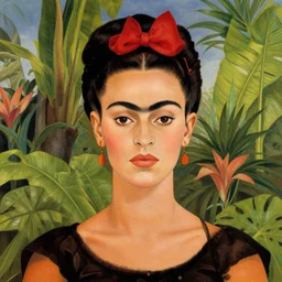 frida kahlo realistic portrait closeup surrounded by tropical plants and flowers, art by luis royo and walter crane and kay nielsen, watercolor illustration,