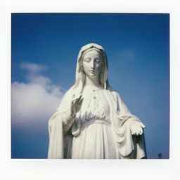 closeup of white mother mary statue pictured slightly from below, clear sky with blue clouds in background, vintage polaroid