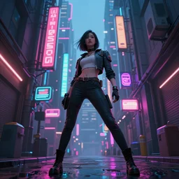 a girl in a heroic pose in the alleys of a cyberpunk city, many neon lights, art by ruan jia, trending on artstation