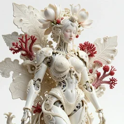 intricate hyper detailed ultra sharp focus 3 d render of a beautiful porcelain ivory fair seductive woman medium shot portrait, close - up, bright 3 point light, alexandre ferra georg loschner white mecha, cyberpunk mechanical haute couture huge fractal mycelum and fungi, red rasberry chili corals, huge magnolia goliath head ornaments, big embroidered leaves filigree sinuous roots, octane render, pearls, volumetric cinematic lighting, 8 k, vray tracing