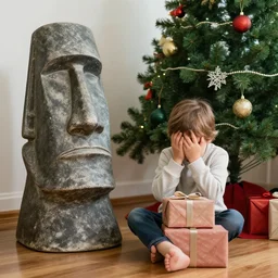 a kid at christmas disappointed and sad that his present was a giant moai statue | inside of a house next to a christmas tree