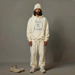 a full body lookbook portrait of modern day jesus wearing cream fear of god menswear collection by nicola samori, hat and hoodie, detailed, oil painting, hyper realistic, 8 k, yeezy collection