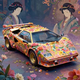 colourful vfx art of a 1 9 8 0 lamborghini countach wrapped in flowers & vines, art by utagawa kunisada & james jean, volumetric light, ray tracing, unreal engine, octane 3 d render, sharp, detailed, digital painting, illustration, highly detailed, intricate detail, pinterest, behance, art station,
