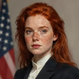a detailed portrait of a pretty!! female with red hair and freckles who is president of the united states, 1 9 0 2, by ilya kuvshinov, digital art, dramatic lighting, dramatic angle, 2 0 th century