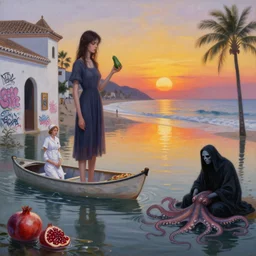 painting of sunrise, a flooded spanish art gallery in marbella beach, death, a tall emo girl, holding a courgette, tapas, grafitti, surgical equipment and nurse, canoe, pomegranates, floodwaters, squid ink, the grim reaper, octopus, sensual, north africa, puddles, zen, surrealist, by magritte and monet