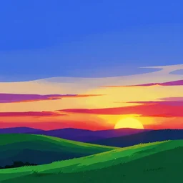 discord banner of a beautiful landscape, sunset in the background, flowing art, sharp edge lines, complementary coloration, blue, green, red, purple, yellow
