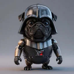 3 d rendered hyper realistic hyper detailed black pug droid wearing a pug - shaped darth vader helmet, octane render, blender, 8 k