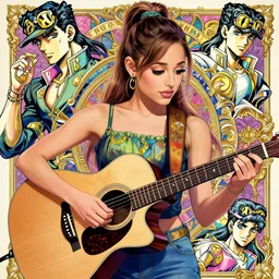 Ariana Grande playing acoustic guitar, colorful, graphic design, manga, highly detailed, beauty, art by Takehiko Inoue, intricate, elegant, J. C. Leyendecker, jojo bizarre adventure, Hirohiko Araki