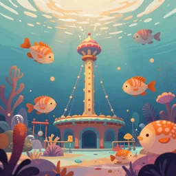 An amusement park underwater, warm color palette, digital art