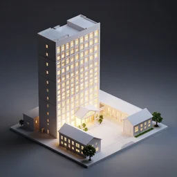 architectural model, isometric view, studio lighting, low contrast, brightly lit studio, highly detailed, tall stacked long boxes, large windows, courtyard, gabled roof, school, tree