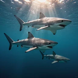 everyone from Its Always Sunny in Philadelphia floating underwater and being eaten by ghost sharks. Photograph.