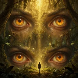 epic professional digital art hungry eyes, gold ambient light, painted, mysterious, closeup cinematic jungle scene, eerie, mythic, detailed, intricate, grand, leesha hannigan, wayne haag, reyna rochin, ignacio fernandez rios, mark ryden, van herpen, artstation, cgsociety, epic, stunning, gorgeous, much wow