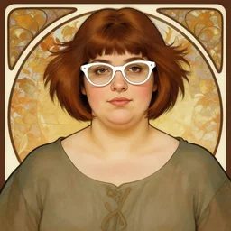 portrait of a curvy stocky romanian woman, brown hair, messy bob, straight hair, straight hair, straight hair, straight hair, brown eyes, round nose, low eyes, romanian, laugh lines, full upper lip and thin lower lip, round face, round jaw, round nose, white glasses, glasses, big forehead, white reading glasses, librarian, wide shot, digital art, alphonse mucha, loish, art nouveau, 8 k, trending on artstation