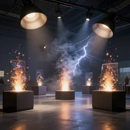 large showroom with display lights, unreal engine render. sparks, lightning, cinematic lighting, smokes. john berkey, peder balke, john watkiss, and paul gustav fischer.