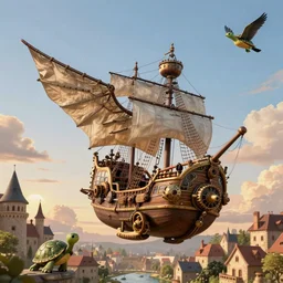 Winged steampunk pirate ship in a nice summer evening flying over a medieval french town. All birds are turtles. breathtaking landscape in background. Digital art.