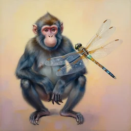 painting of hybrid between monkey & dragonfly!!!, intercrossed animal, by zdzislaw beksinski, by lewis jones, by mattias adolfsson, cold hue's, warm tone gradient background, concept art, beautiful composition, digital painting