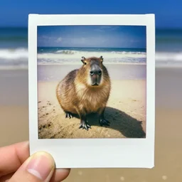 an excited capybara playing at the beach, polaroid photo
