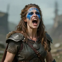 portrait of a screaming celtic berserker woman with blue warpaint, medium shot, portrait, concept art, natural lighting, illustration, full color, highly detailed, photorealistic, by greg rutkowski and artgerm, artstation,