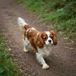 cavalier king charles spaniel, on a forest trail, high angle, tilt - shift photography