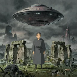 a realistic and atmospheric cell - shaded concept art from howl's moving castle ( 2 0 0 4 ) of a ufo in the sky. a grey monk is standing in a futurist sci - fi city that looks like stonehenge in a flooded rainforest. it is a misty starry night. very dull muted colors, hd, 4 k, hq