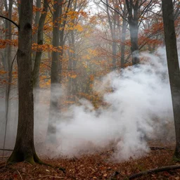 a forest in autumn surrounded by white smoke by jean giraud. masterpiece. hq. centered. in - frame
