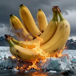 alaskan glacier on fire, dim volumetric lighting, 8 k octane beautifully detailed render, post - processing, extremely hyper - detailed, intricate, epic composition, giant bananas natural disaster, cinematic lighting, masterpiece, trending on artstation, detailed detailed detailed, masterpiece, stunning art by anders zorn, wonderful masterpiece by greg rutkowski, beautiful cinematic light, american romanticism by greg manchess, jessica rossier n - 7
