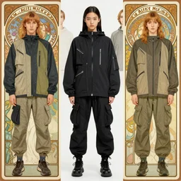 a full body portrait by nick knight artgerm, philippe druillet greg rutkowski and alphonse mucha. of a japanese girl detailed features wearing cargo streetwear - sporty, sleek, tech utility - lots of zippers, pockets, synthetic materials, chic'techno fashion trend by issey miyake and balenciaga 8 k