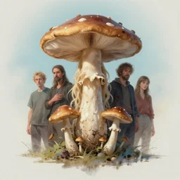portrait of the mushroom goddess by atey ghailan, by greg rutkowski, by simon stalenhag, by greg tocchini, by james gilleard, by joe fenton, by kaethe butcher dynamic lighting, gradient light blue, brown, blonde cream and white color scheme, grunge aesthetic