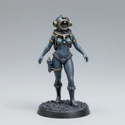 80mm resin detailed miniature of a Diver woman, steampunk diving helmet, stomach, navel, belly,  boots, symbol, textured base; Miniature Product Photos, 4K, view from front