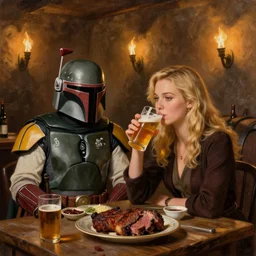 (((Boba Fett))) and a beautiful young blonde drinking beer in a wine cellar, food, meat, schnapps, torches on the wall, romantic, inviting, cozy, painting by Vladimir Volegov