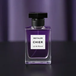 close up shot of premium perfume bottle containing purple liquid, the bottle is placed on a black coloured table, the bottle is in the middle of the scene ultra detail, commercial, designer product, cinematic lighting, hd artstation, symmetrical, rendered, 4k