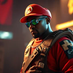 kanye west in super mario oufit as mario in gears of war, splash art, movie still, cinematic lighting, ray tracing, octane render, long lens, shallow depth of field, bokeh, anamorphic lens flare, 8 k, hyper detailed, 3 5 mm film grain