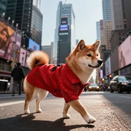 A red sesame coat shiba inu the size of sky scrape walking through times square
