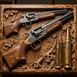 wood carving in oak pine beechwood of an intricate design of firearms guns bullets revolvers and rifles, dramatic lighting, hyperrealistic, ultrarealistic, intricate details, 4k, unreal 5, digital art