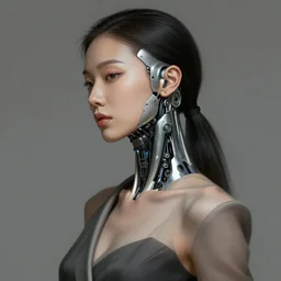 Photorealistic illustration, 3/4 view of Korean fashion model with cybernetic neck, cyberpunk 2077, sci-fi, futuristic, intricate, elegant, highly detailed, digital painting, artstation, concept art, smooth, sharp focus, art by artgerm, greg rutkowski and alphonse mucha