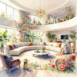 a hiper intricate watercolor of a beatiful modern living room with flowers, being built piece by piece, almost done, fibonacci, intricate, highly detailed, digital painting, artstation, concept art, extremely detailed, sharp focus, wide view, smooth, digital illustration, colorfull, by william turner art, by greg rutowski, by carl larson, by edmund dulac