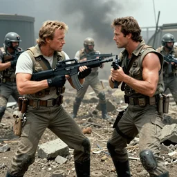 michael biehn as solid snakes fights tom berenger in a mine field, metal gear 2, 1 9 9 0, movie still