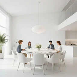 A clean white modern interior of a large dining room, rendered by Beeple, Makoto Shinkai, syd meade, simon stålenhag, environment concept, digital art, unreal engine, WLOP, trending on artstation, low level, 4K UHD image, octane render,