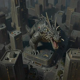 aerial!!!! view looking down on rodan moving through!!! buildings in a dark, dim, detailed city, extremely detailed!!! oil painting, dull palette, dramatic lighting, trending on artstation
