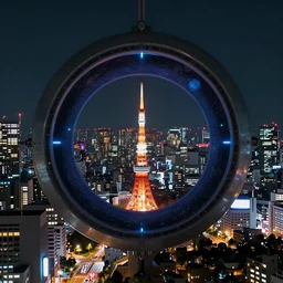a circle portal to space in a tokyo city, futuristic, digital art, highly detailed, at night, low depth field