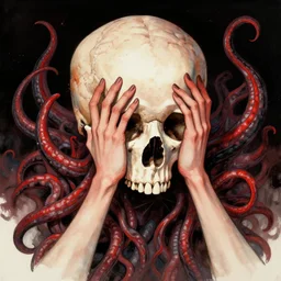 Migraine escaping skull brain like red and light black tentacles | Ivan Bilibin | 4K | featured on Artstation