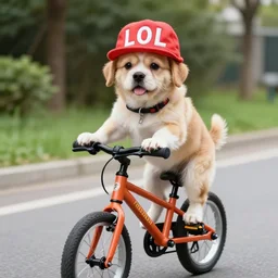 dog riding a bike with funny hat that says LOL, 8k