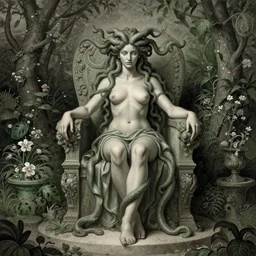 Medusa on throne, surrounded by eternal gardens hyperdetailed, artstation, cgsociety, by greg rutkowski, by Gustave Dore, by luis royo