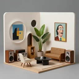 miniature 1 9 5 0 s japanese interior designed by gaudi and jeff koons, organic brutalist, zaha hadid, salvador dali, wes anderson, tilt shift, house plants, hi - fi stereo with speakers, modern furniture, bold modern art, mid century, minimal, parametric
