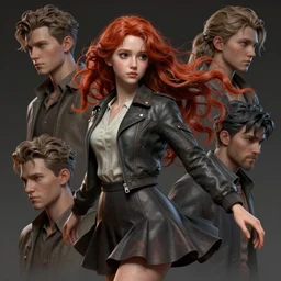 Very complicated dynamic composition, semirealistic gentle style at Pixiv by WLOP, ilya kuvshinov, krenz cushart, Greg Rutkowski, trending on artstation. Zbrush sculpt colored, Octane render in Maya and Houdini VFX, young redhead girl in motion, wearing jacket and skirt, silky hair, black stunning deep eyes. Amazing textured brush strokes. Cinematic dramatic soft volumetric studio lighting