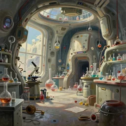 a messy chemical lab interior, scifi, post apocalyptic, painting by Craig Mullins, octane rendering, soft morning lighting, wide angle lens, low view, in the style of Hayao Miyazaki, trending on artstation,